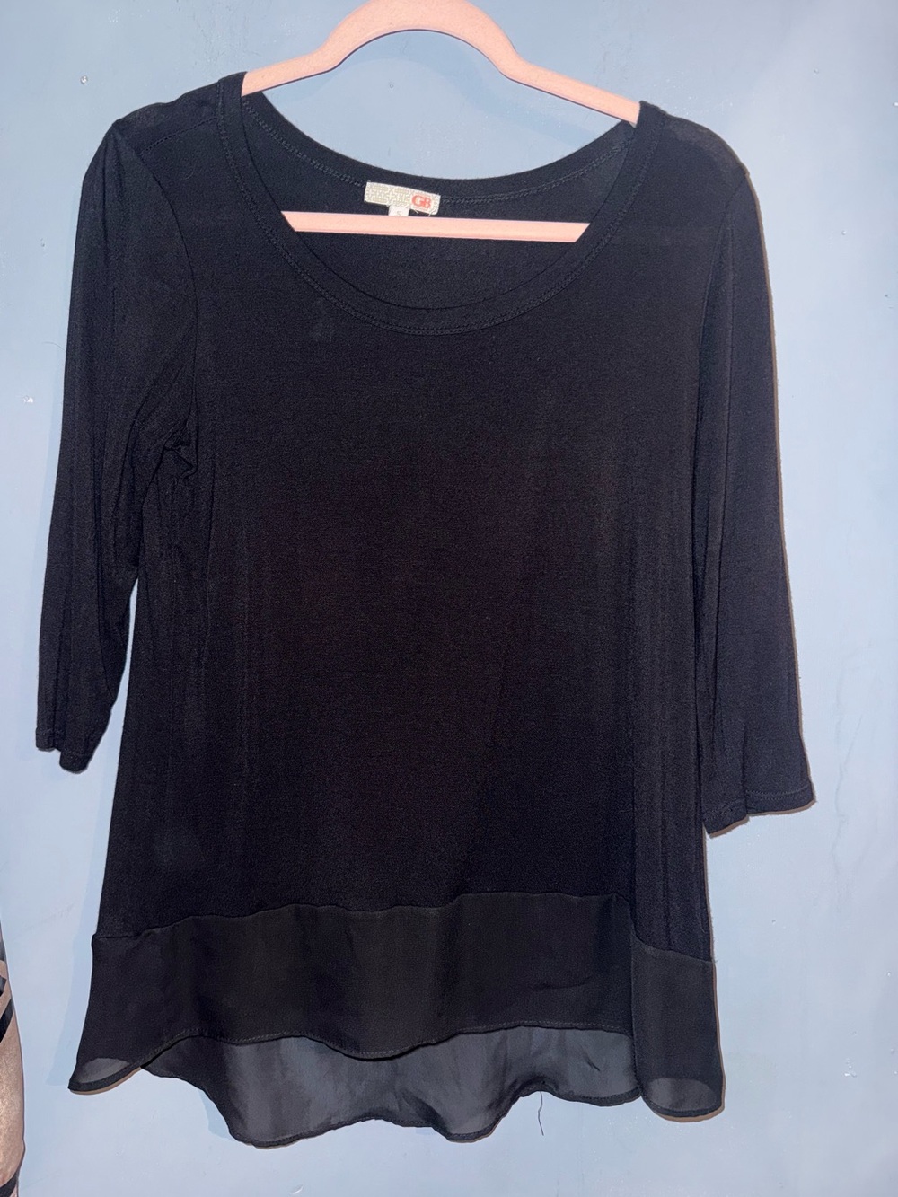 GB Black 3/4 Sleeve Chiffon Hem High Low Tunic Top Small